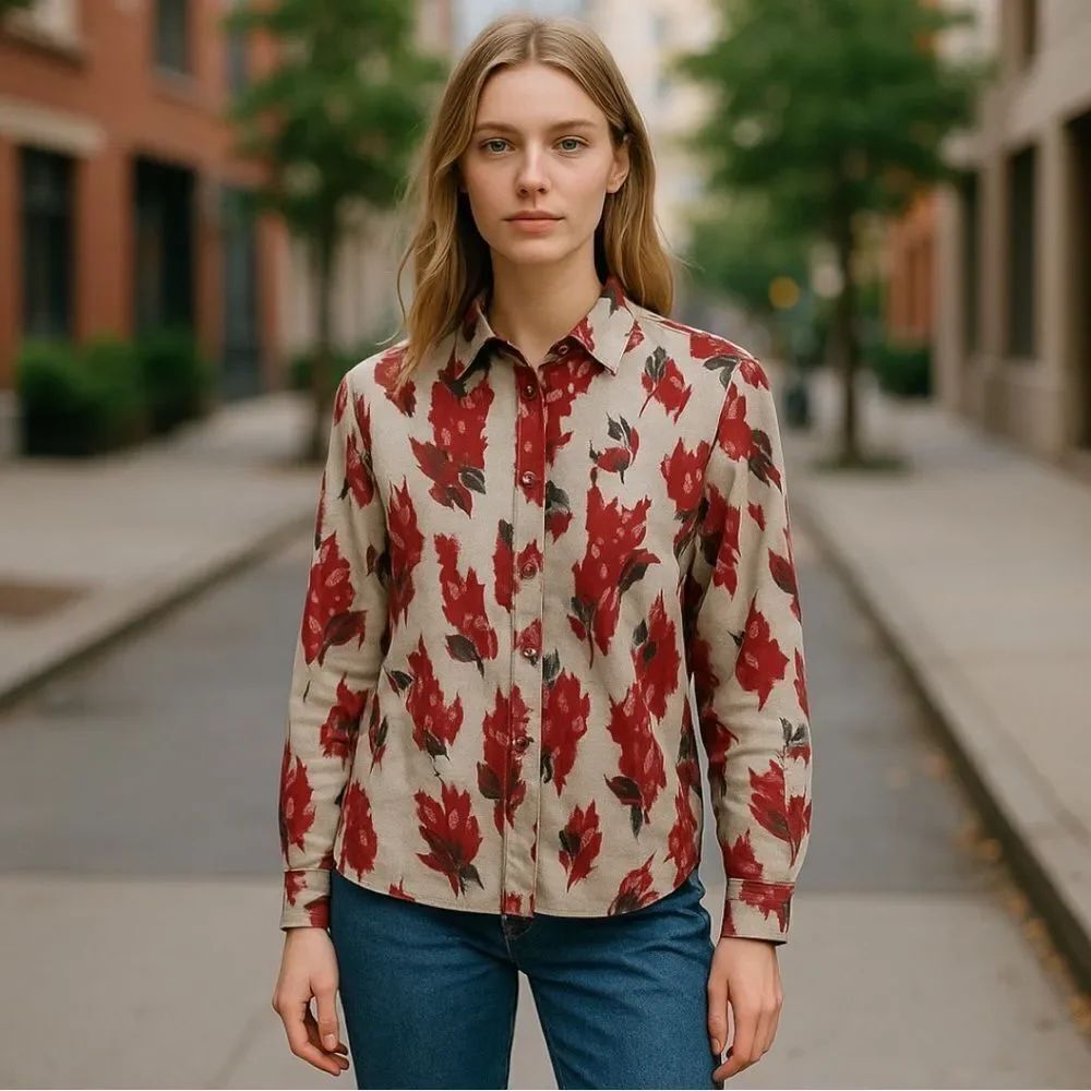 DIANE VON FURSTENBERG Vintage 90s Button Down Leaf Print Blouse Gray/Red Size 12